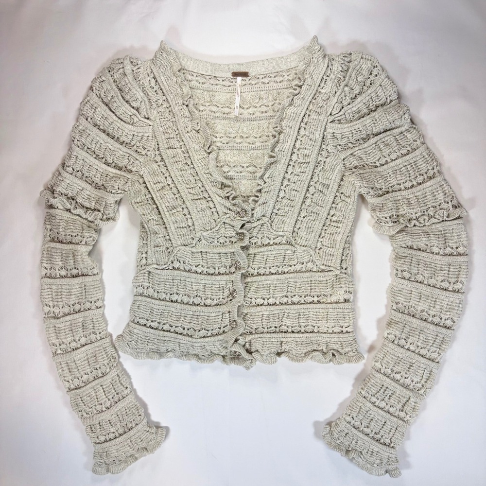 Free People Wild Roses Cardigan XS Oatmeal Beige Pointelle Ruffle Crochet Boho